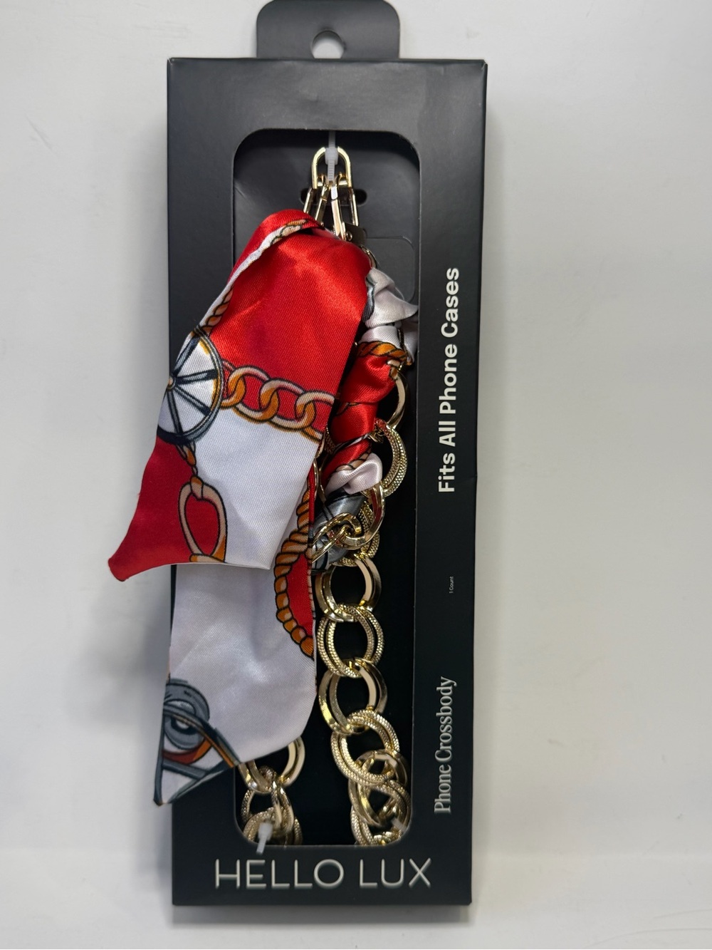Hello Lux Gold Chain Phone Crossbody with Red & White Scarf Accent